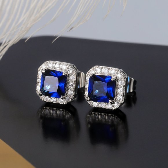 Jewelry - 🎀Shiny White Royal Blue CZ Filled Small Square Stud Earrings,MLNN1037